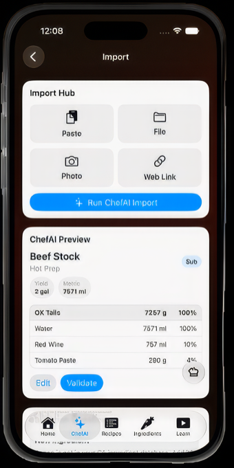 ChefAI recipe import screen